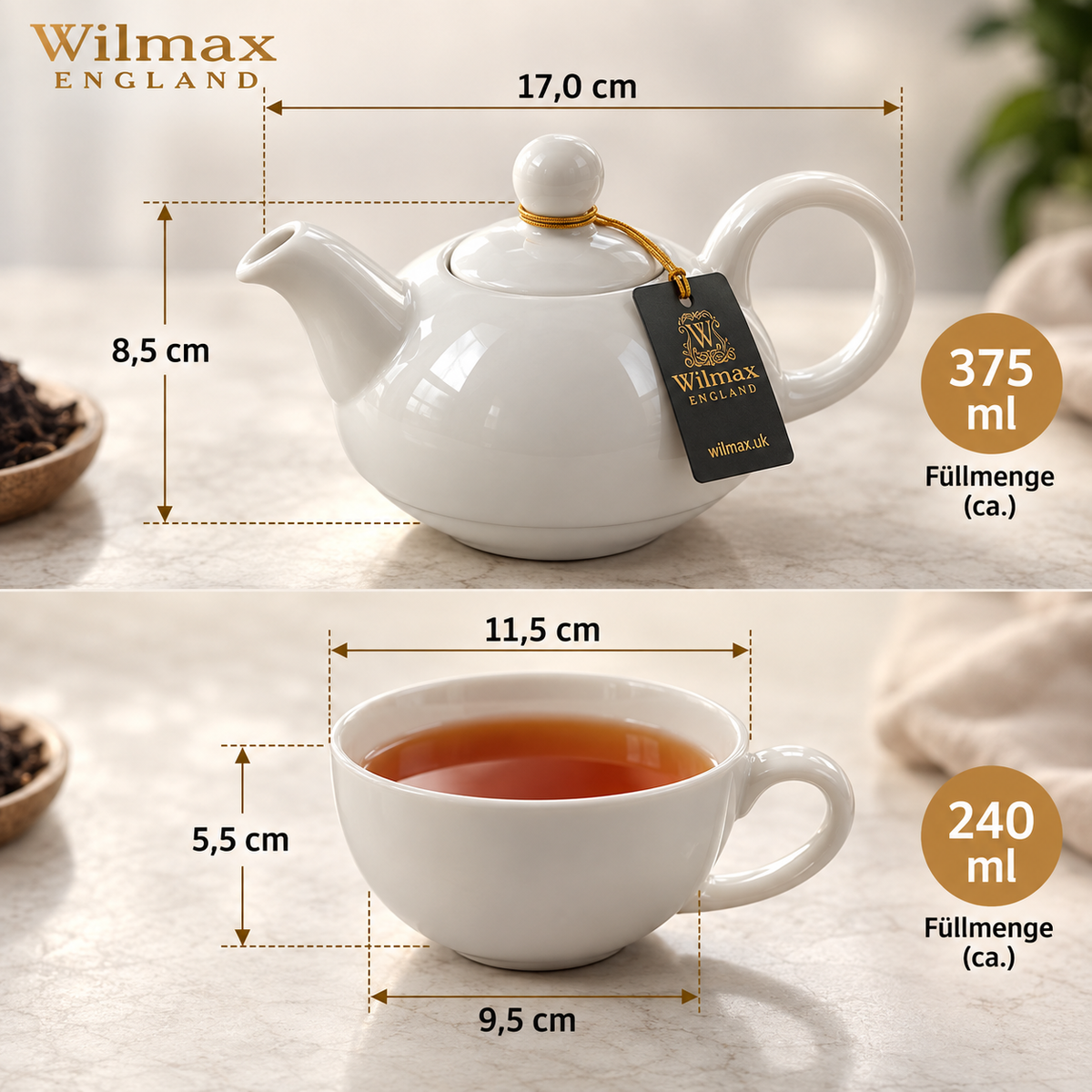 Wilmax Teekannen- und Tassen-Set 375 ml / 240 ml Weiß aus Porzellan