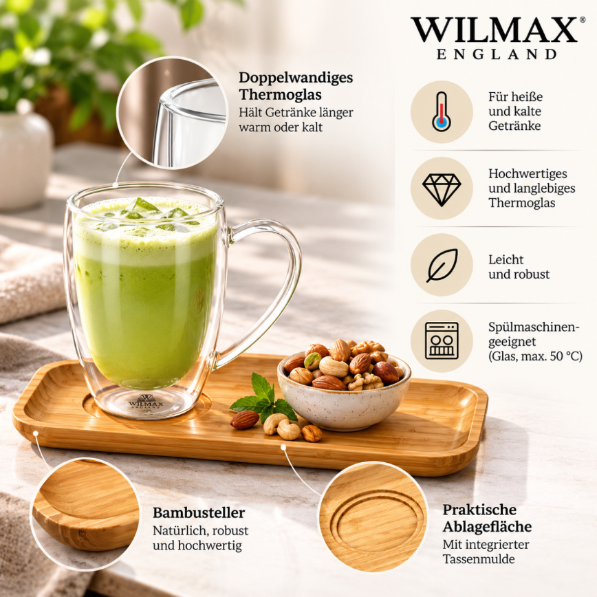 Wilmax Servierset 2-teilig mit Bambusteller 28 × 17,5 cm und Thermoglas 250 ml
