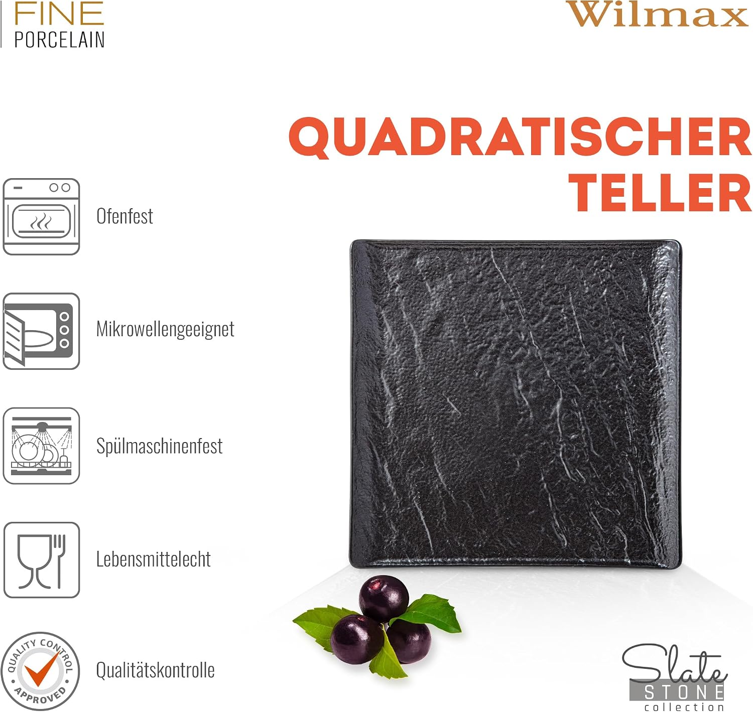 Wilmax Quadratische Servierplatte 17 × 17 cm 6er-Set Schwarz aus Porzellan