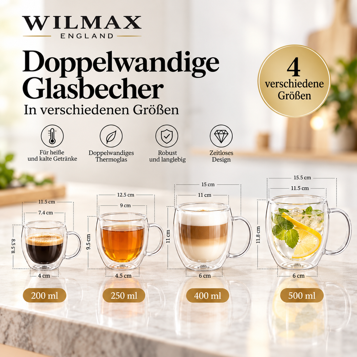 Wilmax Doppelwandige Tasse 500 ml 4er-Set Transparent