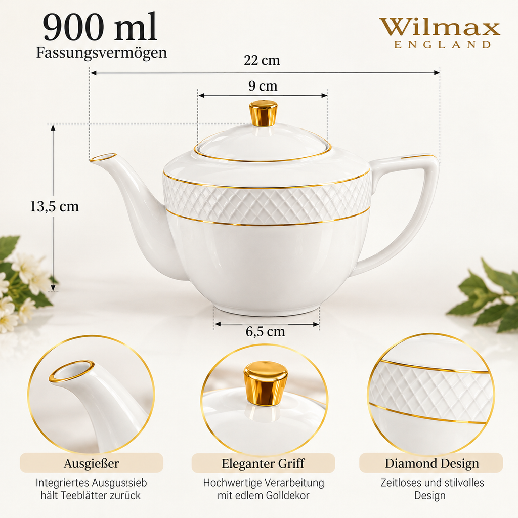 Wilmax Kaffee- und Teekanne mit integriertem Ausgusssieb 900 ml Weiß mit Golddekor aus Porzellan
