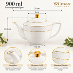 Wilmax Kaffee- und Teekanne mit integriertem Ausgusssieb 900 ml Weiß mit Golddekor aus Porzellan