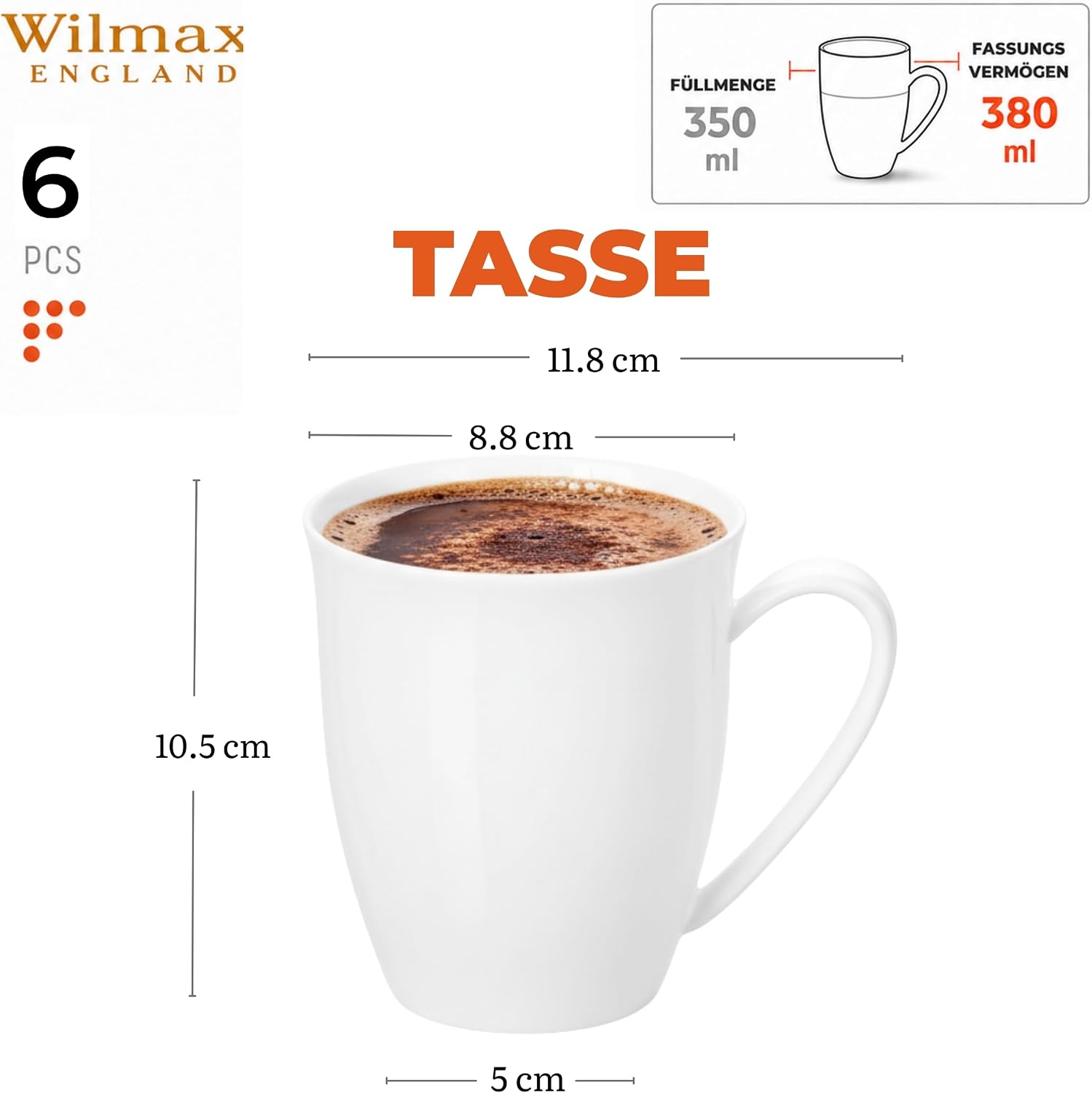 Wilmax Tasse 380 ml 6er-Set Weiß aus Porzellan