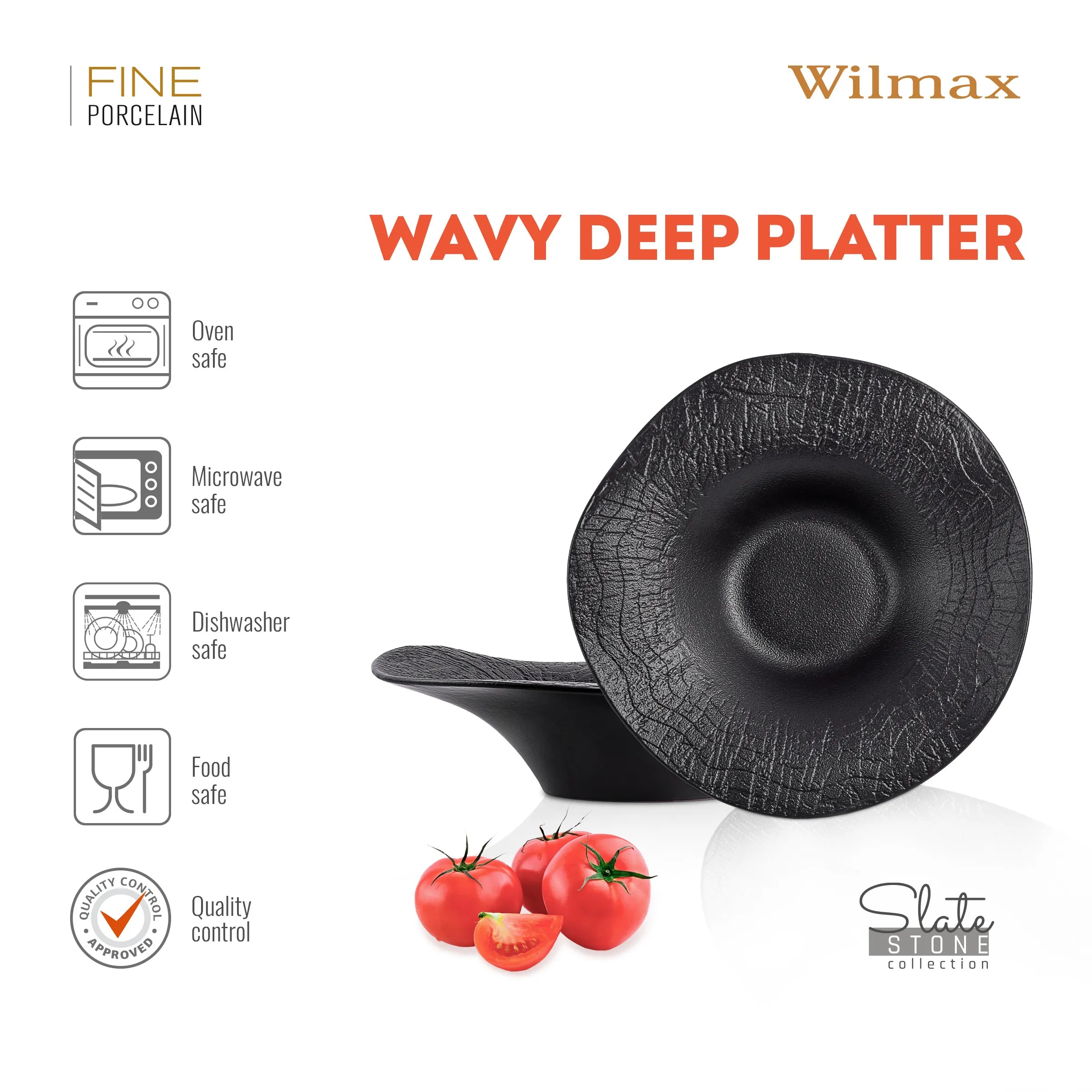 Wilmax Gewellte Servierplatte 30 cm 700 ml Schwarz aus Porzellan