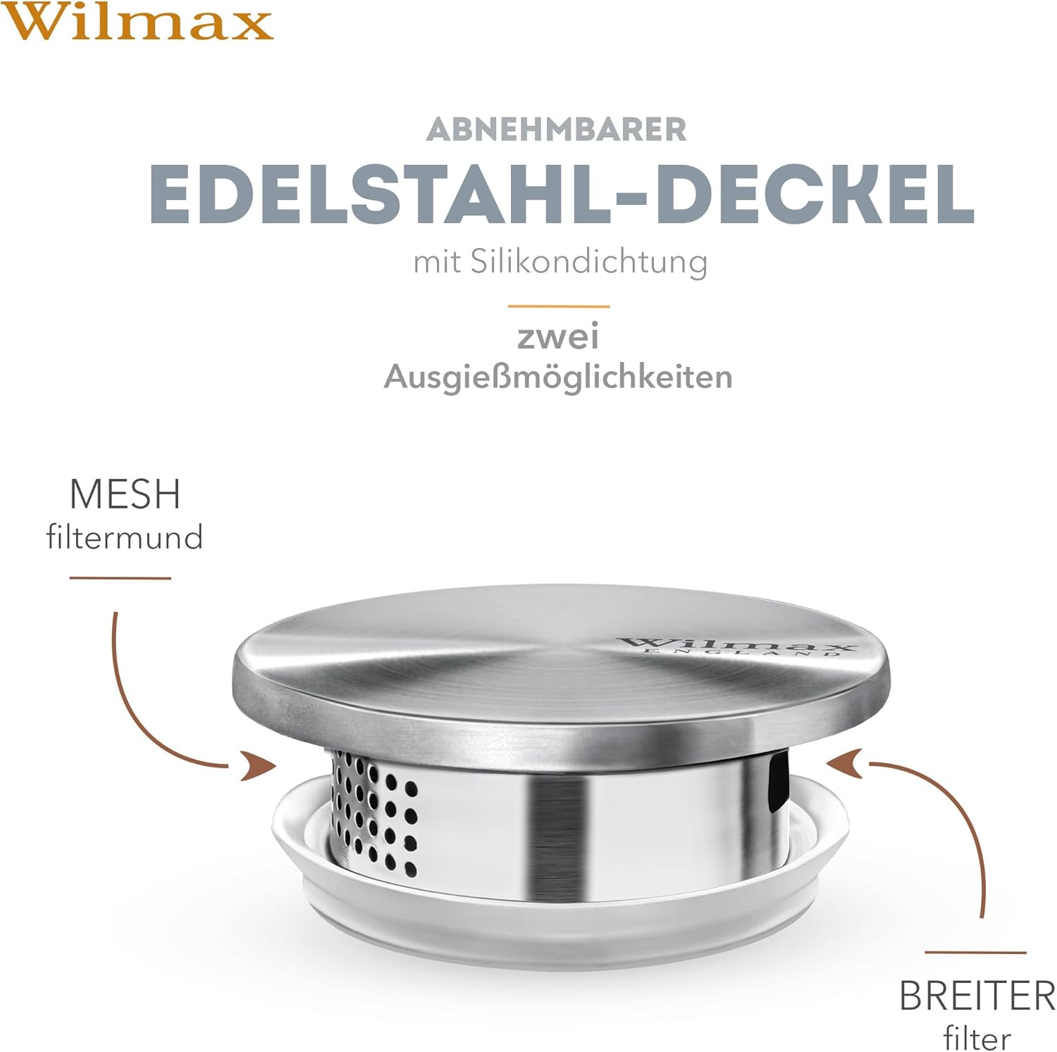 Wilmax Krug 2500 ml mit Edelstahldeckel und Filter Transparent aus Thermoglas