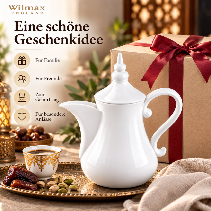Wilmax Arabische Kaffee- und Teekanne mit integriertem Ausgusssieb 1000 ml Weiß aus Porzellan