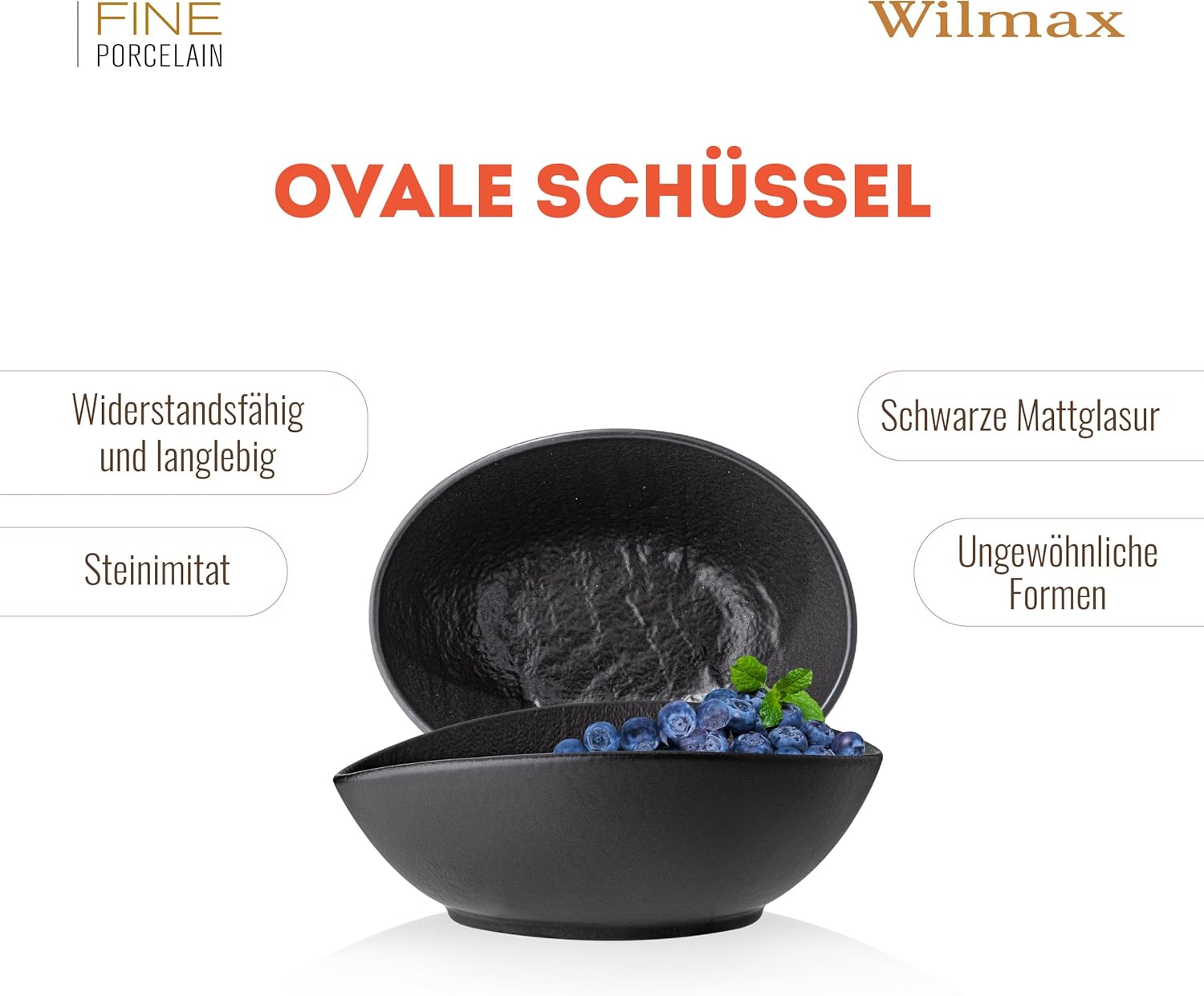 Wilmax Ovale Schale 19 × 15 × 6 cm 3er-Set Schwarz aus Porzellan