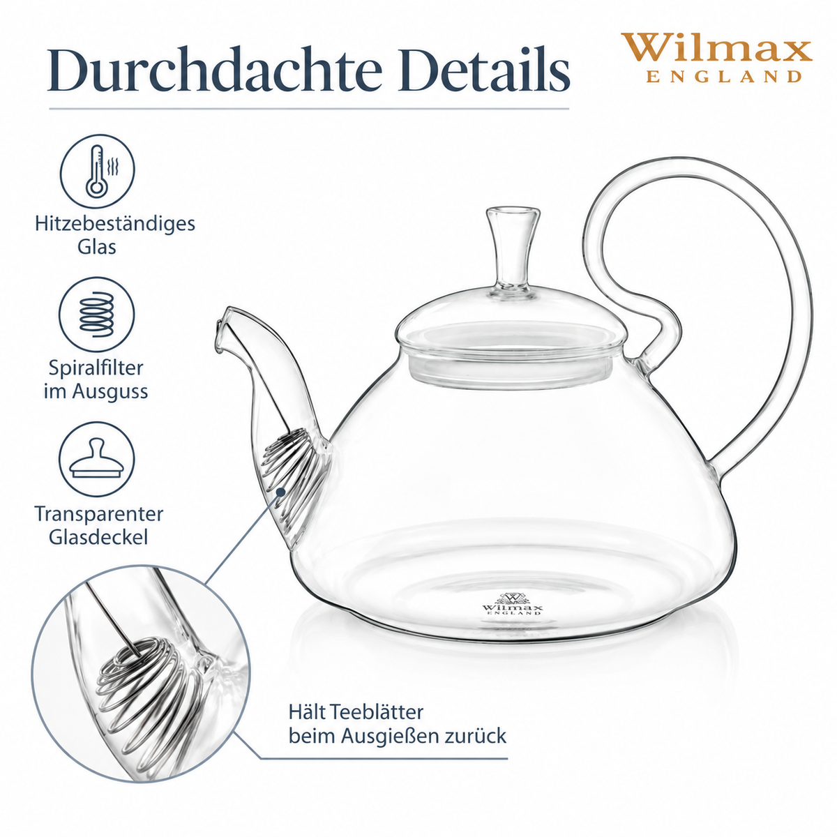 Wilmax Teekanne 800 ml mit Federfilter und Glasdeckel Transparent aus Thermoglas