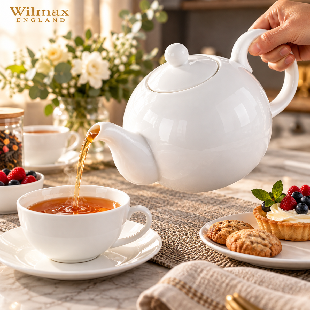 Wilmax Kaffee- und Teekanne mit integriertem Ausgusssieb 2150 ml Weiß aus Porzellan