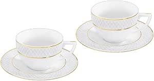 Wilmax Kaffeetasse mit Untertasse 90 ml 2er-Set Weiß mit goldfarbenem Dekor aus Porzellan