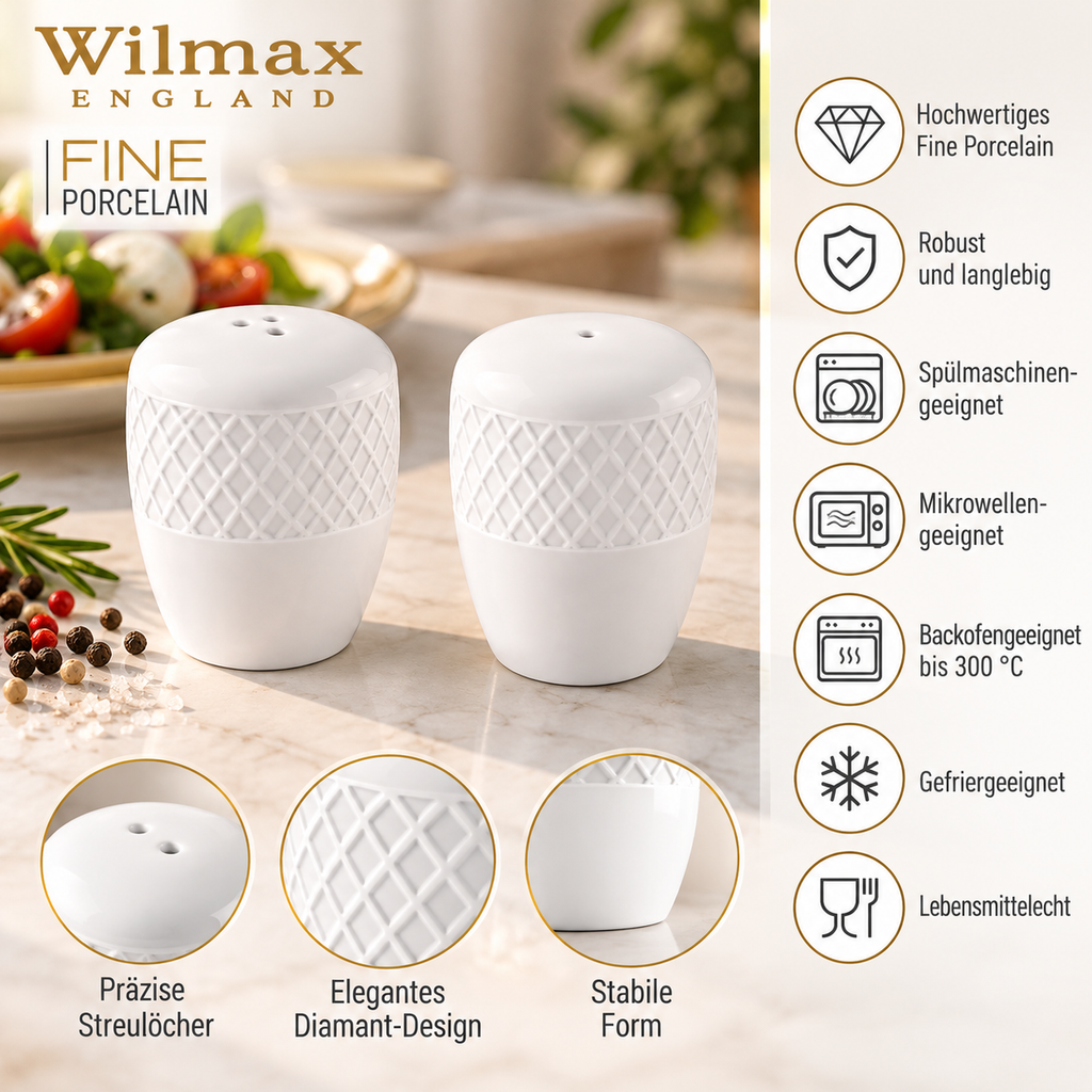 Wilmax Salz- und Pfefferstreuer-Set 2-teilig Weiß aus Porzellan