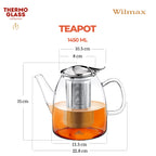 Wilmax Teekanne 1450 ml mit Edelstahlfilter Transparent aus Thermoglas