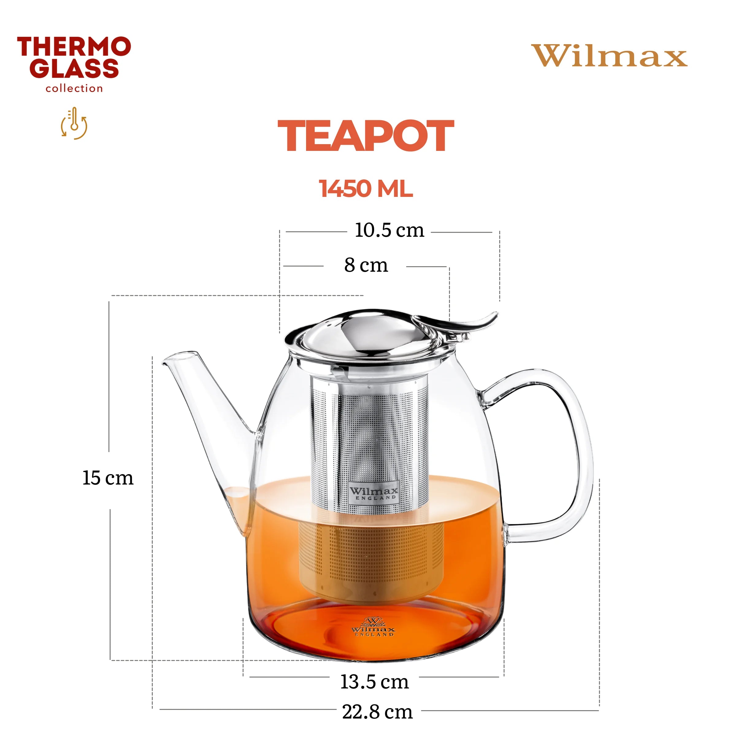 Wilmax Teekanne 1450 ml mit Edelstahlfilter Transparent aus Thermoglas