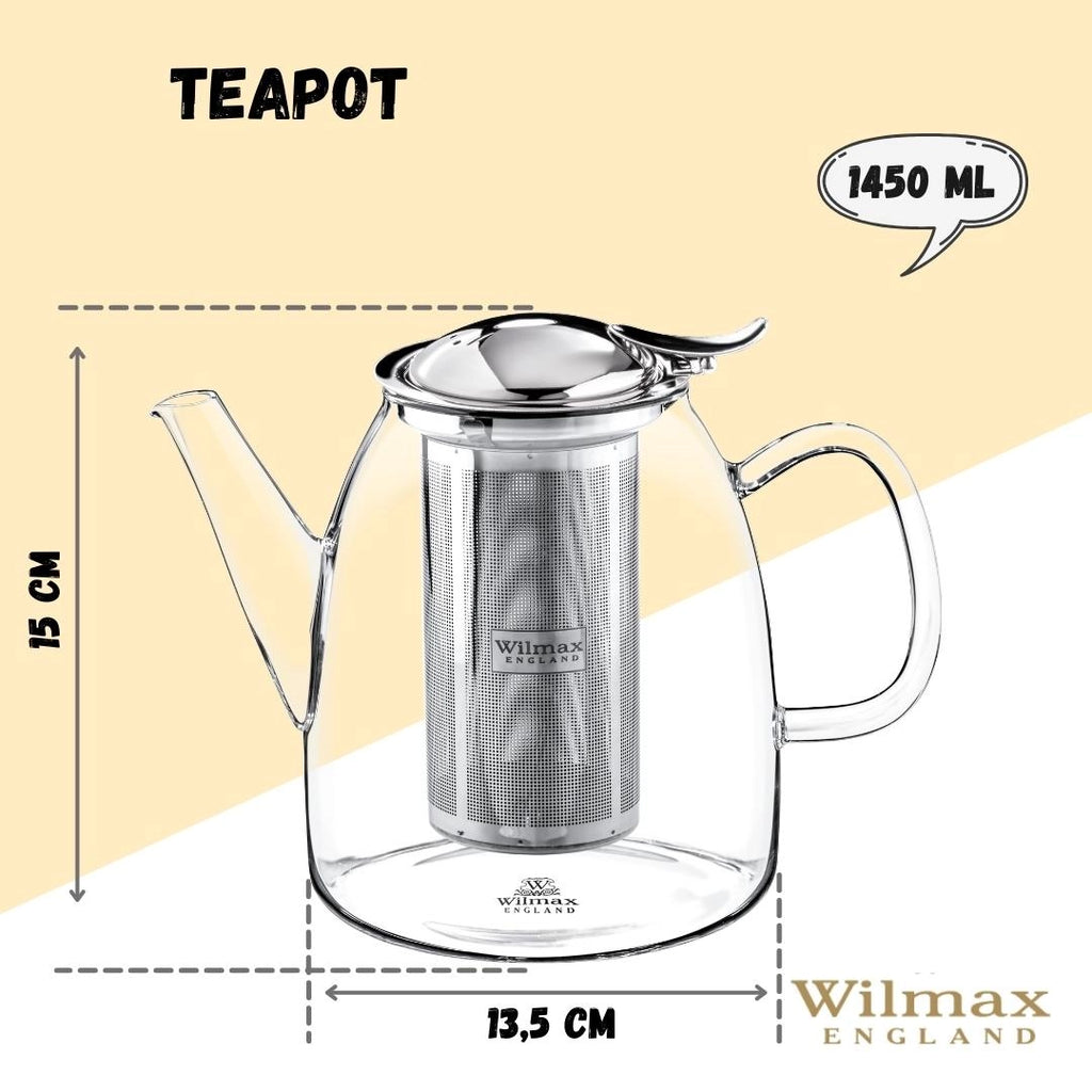 Wilmax Teekanne 1450 ml Thermoglas Edelstahlfilter WL-888809/A
