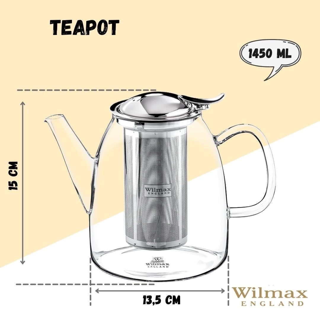 Wilmax Teekanne 1450 ml Thermoglas Edelstahlfilter WL-888809/A