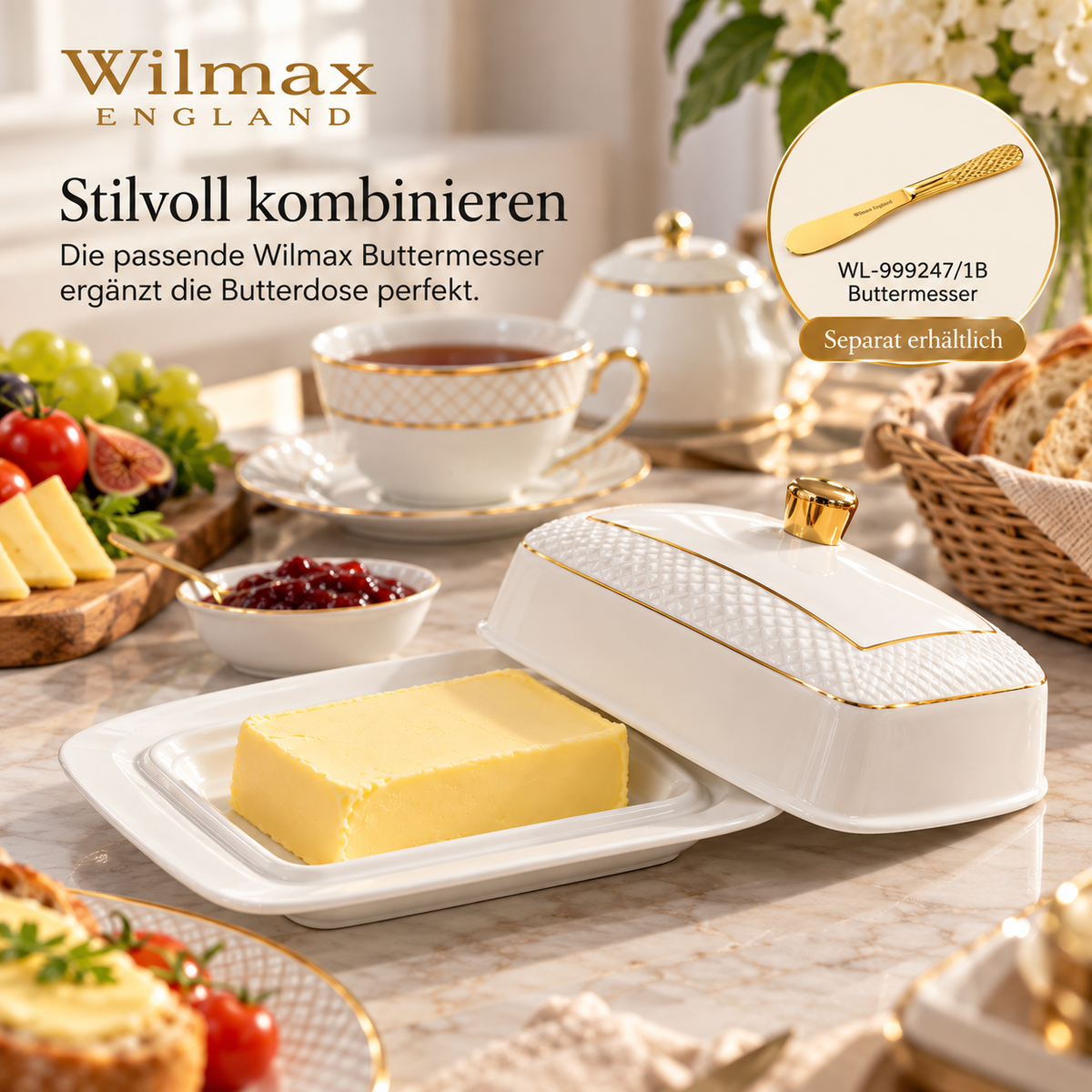 Wilmax Butterdose 18,5 × 12,5 × 7,5 cm Weiß mit Goldrand aus Porzellan