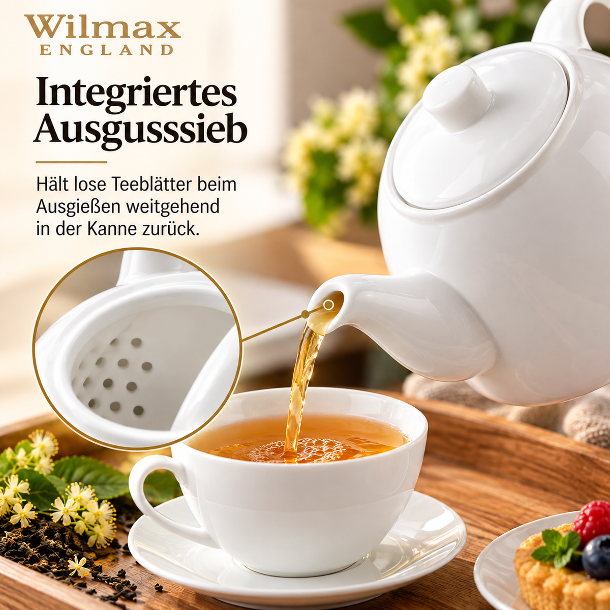 Wilmax Kaffee- und Teekanne mit integriertem Ausgusssieb 900 ml Weiß aus Porzellan