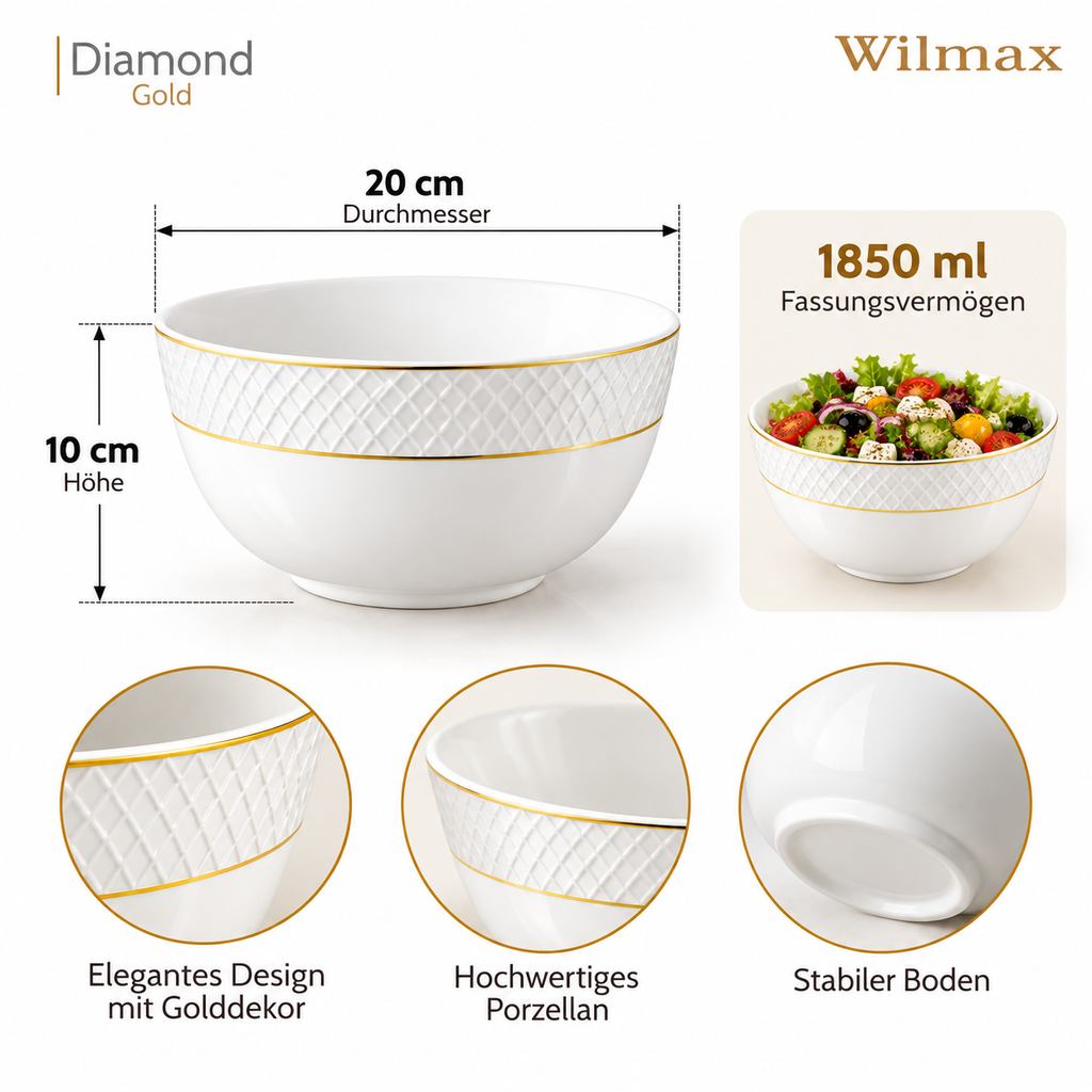 Wilmax Schale 1850 ml 20 cm Weiß mit Goldrand aus Porzellan