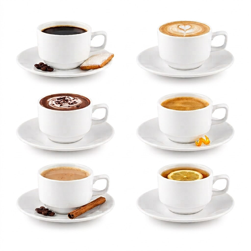 Wilmax Kaffeetassen mit Untertassen 140 ml 6er-Set Weiß aus Porzellan