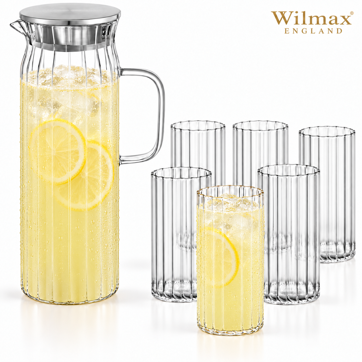 Wilmax Getränkeset 7-teilig mit Krug 1500 ml mit Edelstahldeckel und 6 geriffelte Gläser 300 ml