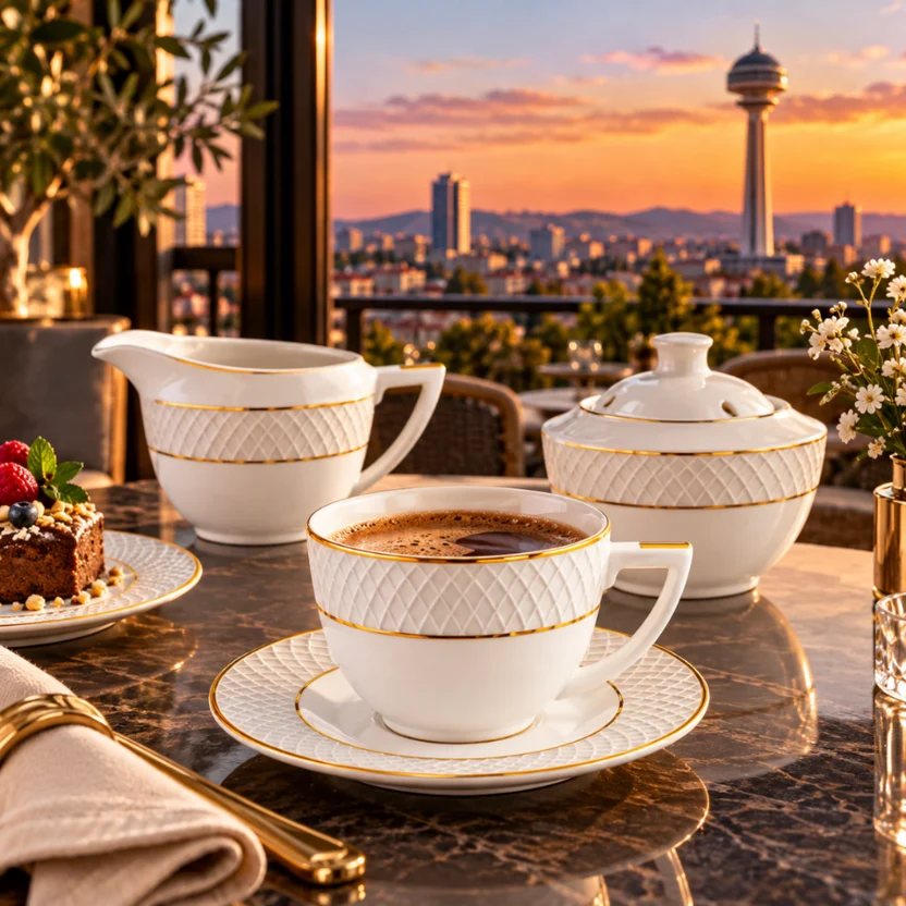Wilmax Cappuccinotasse mit Untertasse 170 ml 4er-Set Weiß mit goldfarbenem Dekor aus Porzellan