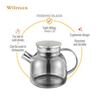 Wilmax Teekanne 1200 ml mit Federfilter und mit Edelstahldeckel Grau aus Thermoglas