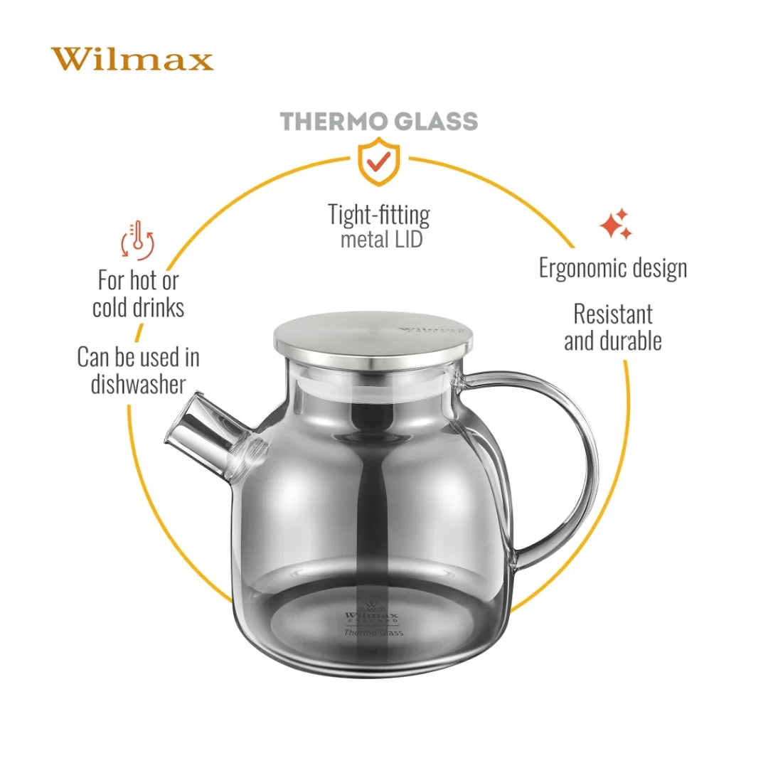Wilmax Teekanne 1200 ml mit Federfilter und mit Edelstahldeckel Grau aus Thermoglas