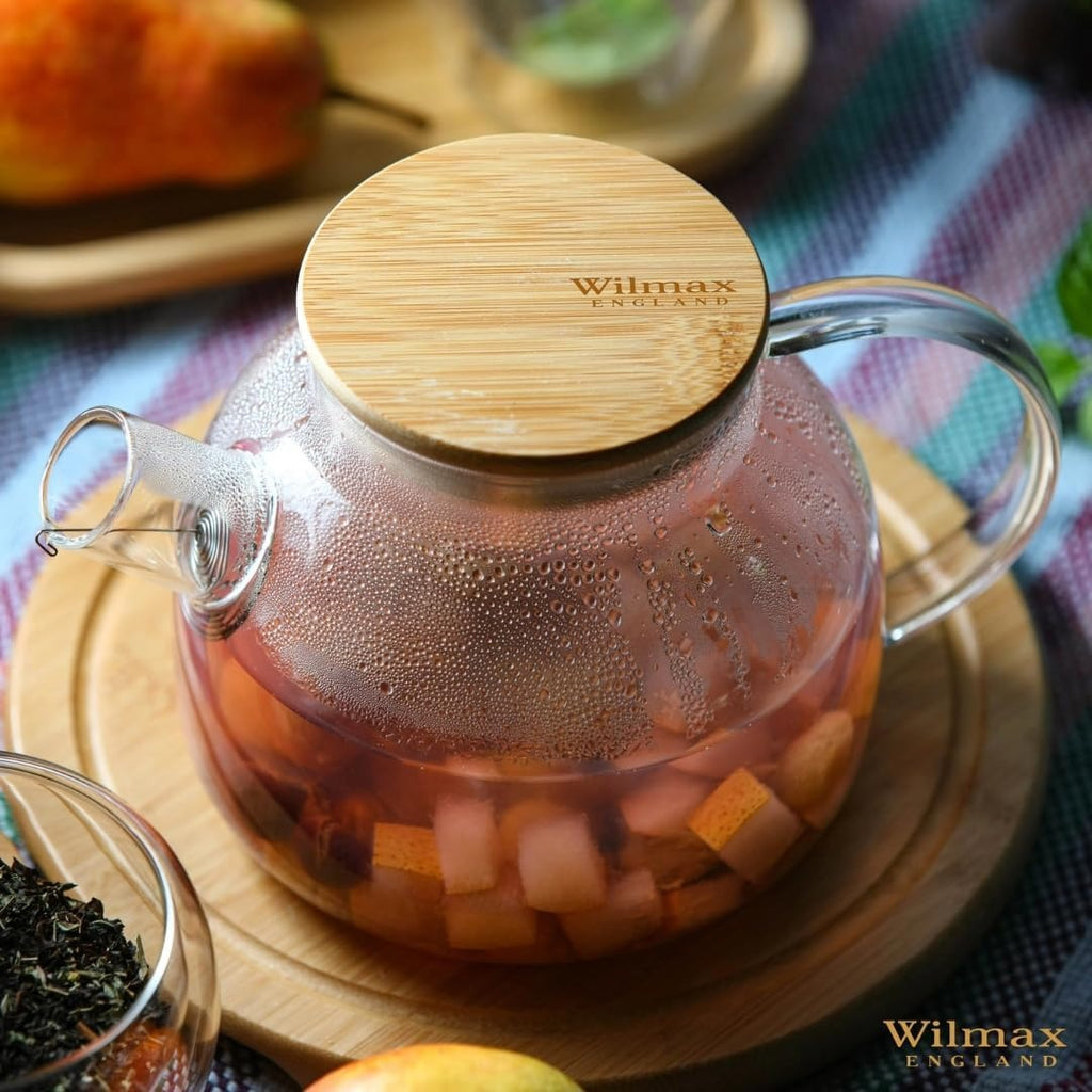 Wilmax Teekanne 1200 ml mit Bambusdeckel Transparent aus Thermoglas