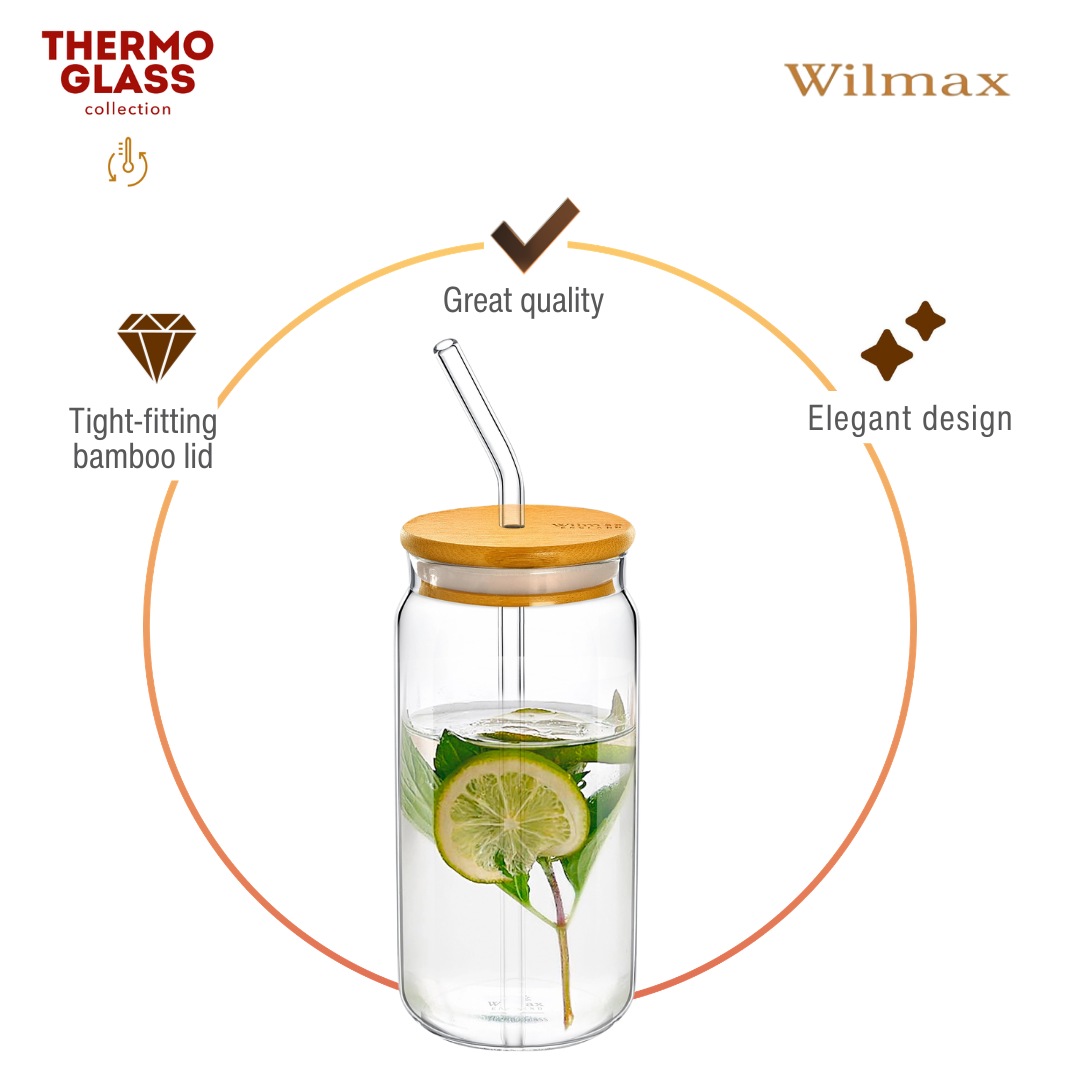 Wilmax Glasbecher 500 ml mit Deckel und Trinkhalm Transparent