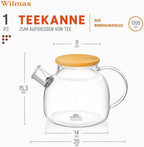 Wilmax Teekanne 1200 ml mit Bambusdeckel Transparent aus Thermoglas