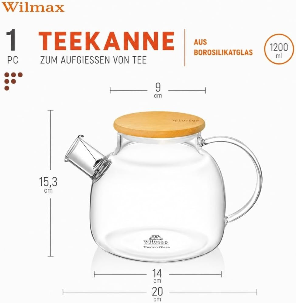 Wilmax Teekanne 1200 ml mit Bambusdeckel Transparent aus Thermoglas