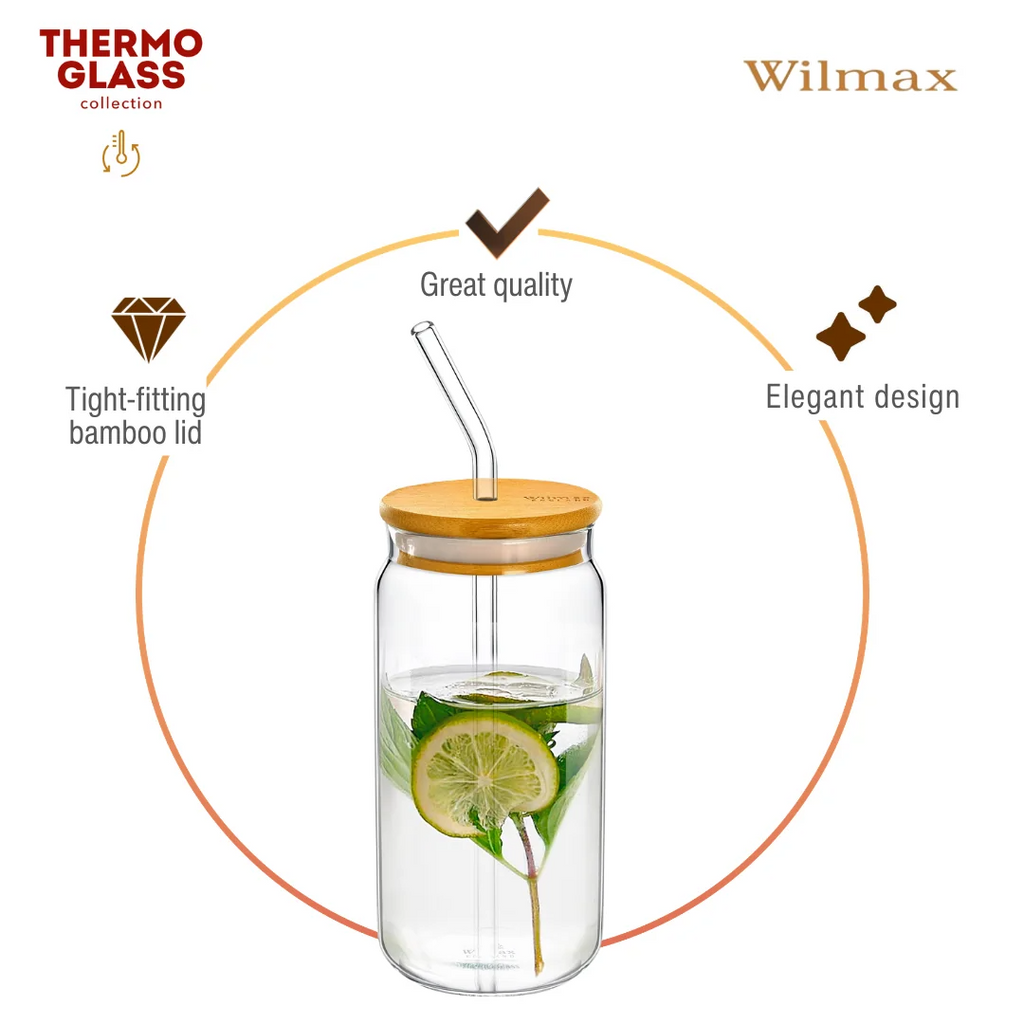 Wilmax Glasbecher 500 ml mit Deckel und Trinkhalm Transparent