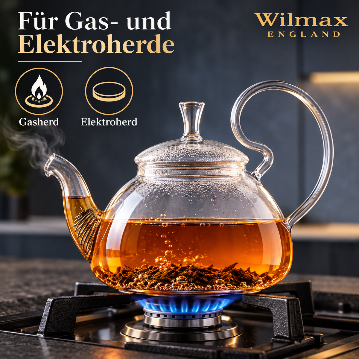 Wilmax Teekanne 800 ml mit Federfilter und Glasdeckel Transparent aus Thermoglas