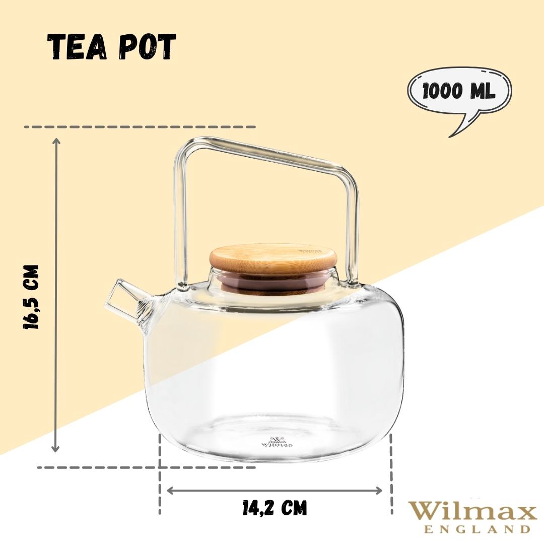 Wilmax Teekanne 1000 ml mit Federfilter und Bambusdeckel Transparent aus Thermoglas