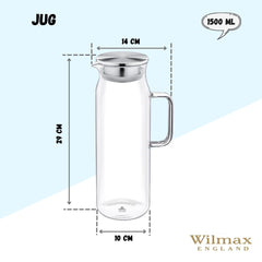Wilmax Borosilikat-Glaskrug 1500 ml mit Edelstahl-Deckel WL-888210/A