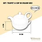 Wilmax Kaffee- und Teekanne mit integriertem Ausgusssieb mit Tasse 375 ml und 340 ml Weiß aus Porzellan