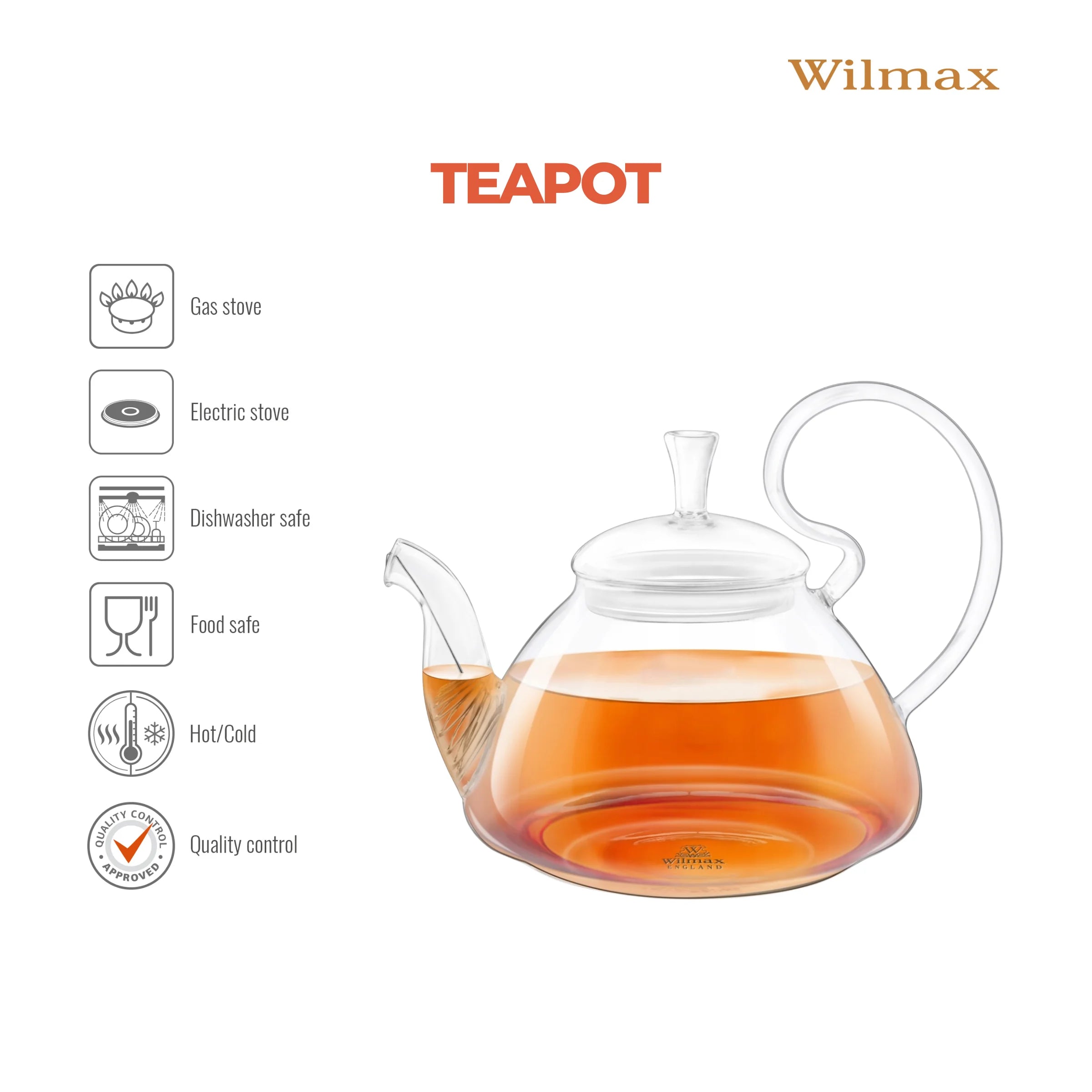 Wilmax Teekanne 800 ml mit Federfilter und Glasdeckel Transparent aus Thermoglas