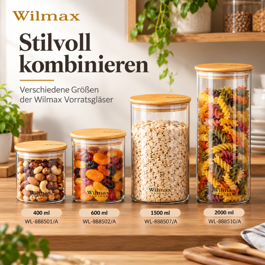 Wilmax Vorratsglas 2000 ml mit Bambusdeckel 2er-Set Transparent
