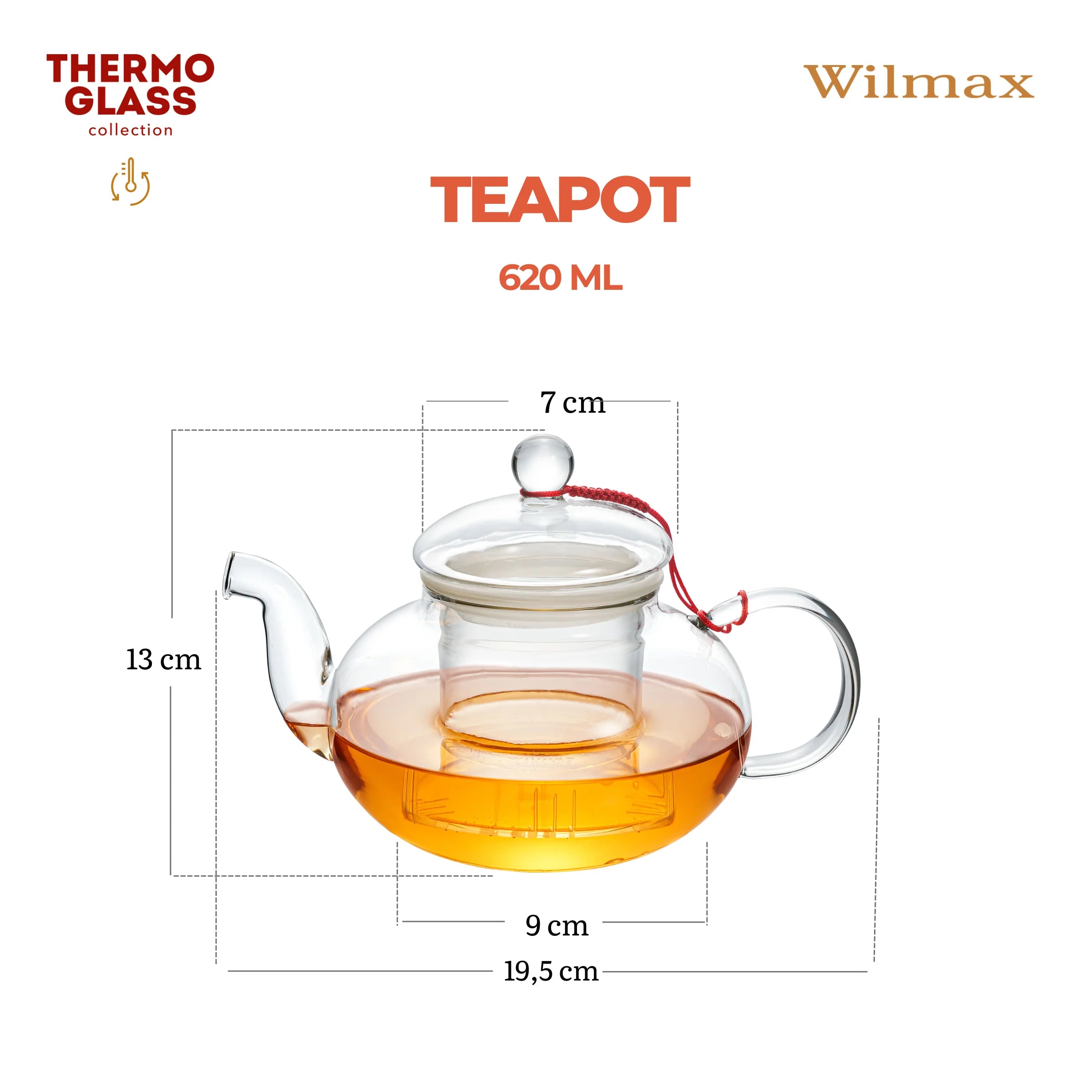 Wilmax Teekanne 620 ml mit Glasfilter Transparent aus Thermoglas