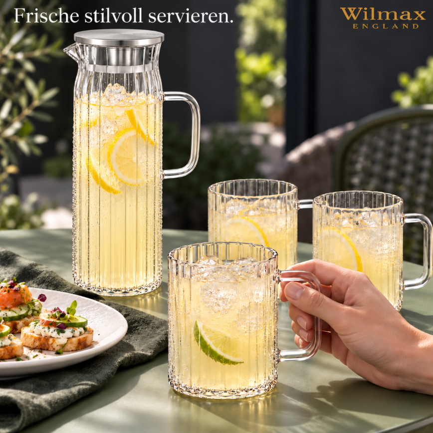 Wilmax Getränkeset 7-teilig mit Krug 1500 ml mit Edelstahldeckel und 6 hitzebeständige Glasbecher mit Henkel 400 ml aus Glas