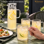 Wilmax Getränkeset 7-teilig mit Krug 1500 ml mit Edelstahldeckel und 6 hitzebeständige Glasbecher mit Henkel 400 ml aus Glas