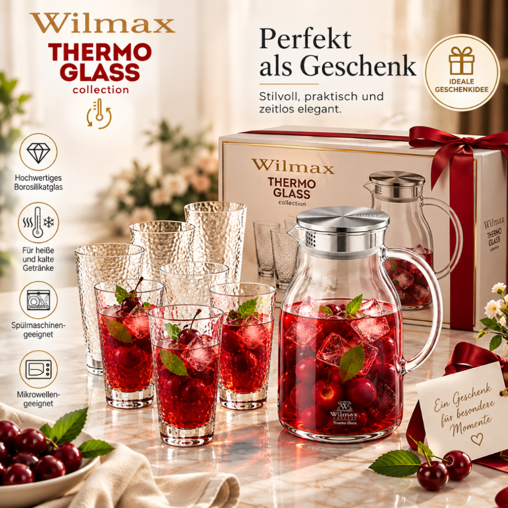 Wilmax Getränkeset 7-teilig mit Krug 2500 ml mit Edelstahldeckel und Filter und 6 gehämmerte Trinkgläser 450 ml