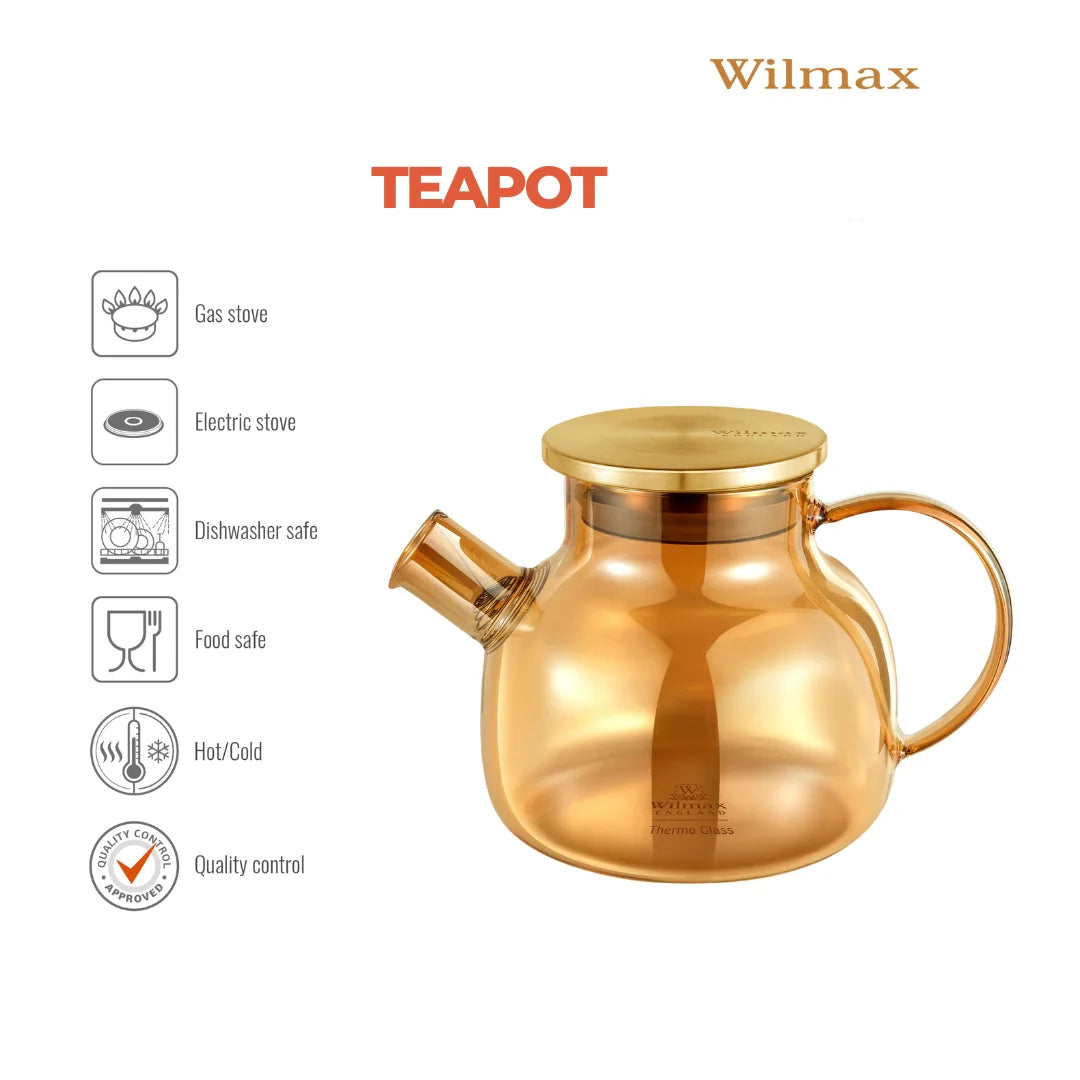 Wilmax Teekanne 950 ml  mit Federfilter und mit Edelstahldeckel Gold aus Thermoglas