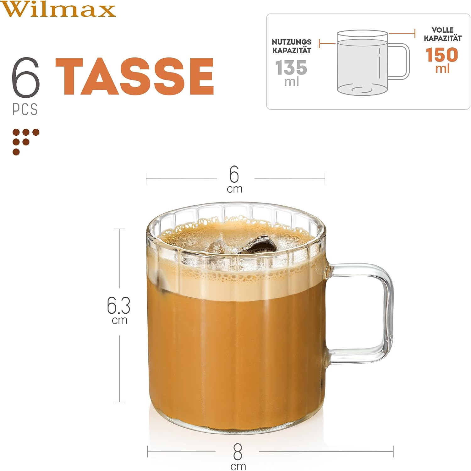 Wilmax Hitzebeständiger Glasbecher mit Henkel 150 ml Transparent aus Glas