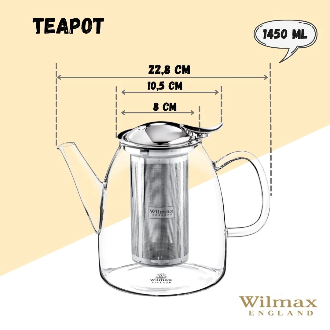 Wilmax Teekanne 1450 ml Thermoglas Edelstahlfilter WL-888809/A