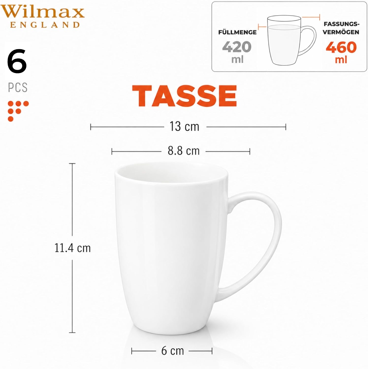 Wilmax Tasse 460 ml 6er-Set Weiß aus Porzellan