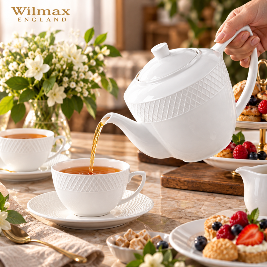 Wilmax Kaffee- und Teekanne mit integriertem Ausgusssieb mit integriertem Ausgusssieb 900 ml Weiß aus Porzellan