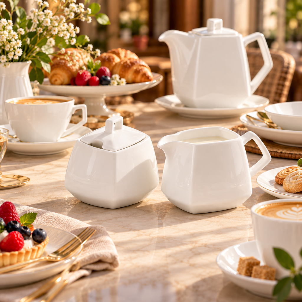 Wilmax Zuckerdose 340 ml und Milchkännchen 300 ml 2-teilig Weiß aus Porzellan