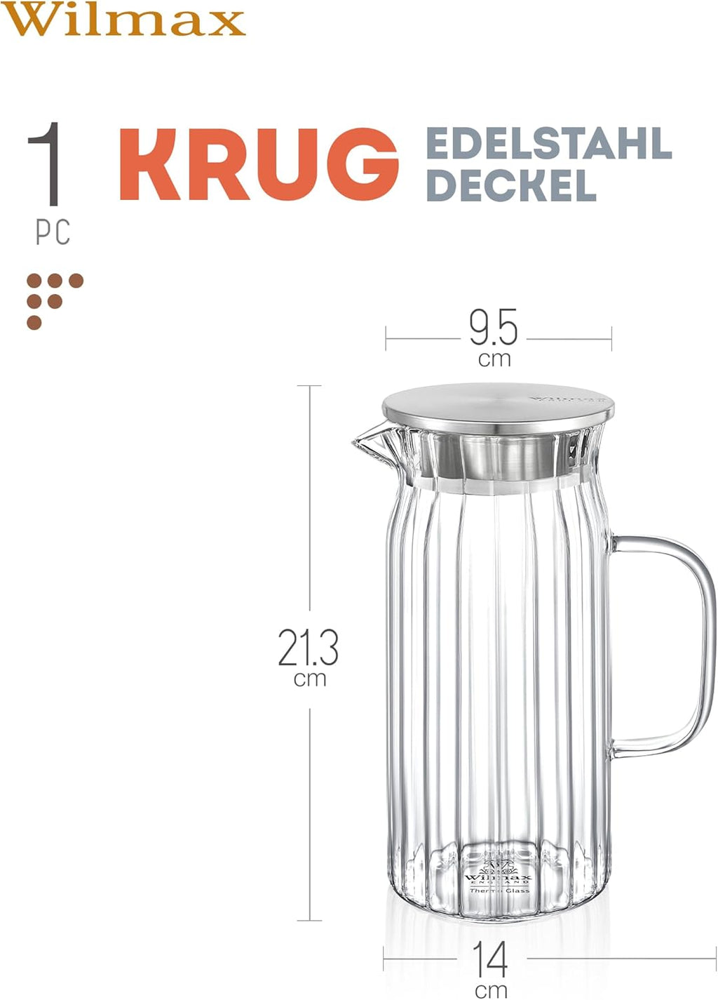 Wilmax Krug 1000 ml mit Edelstahldeckel Transparent aus Thermoglas