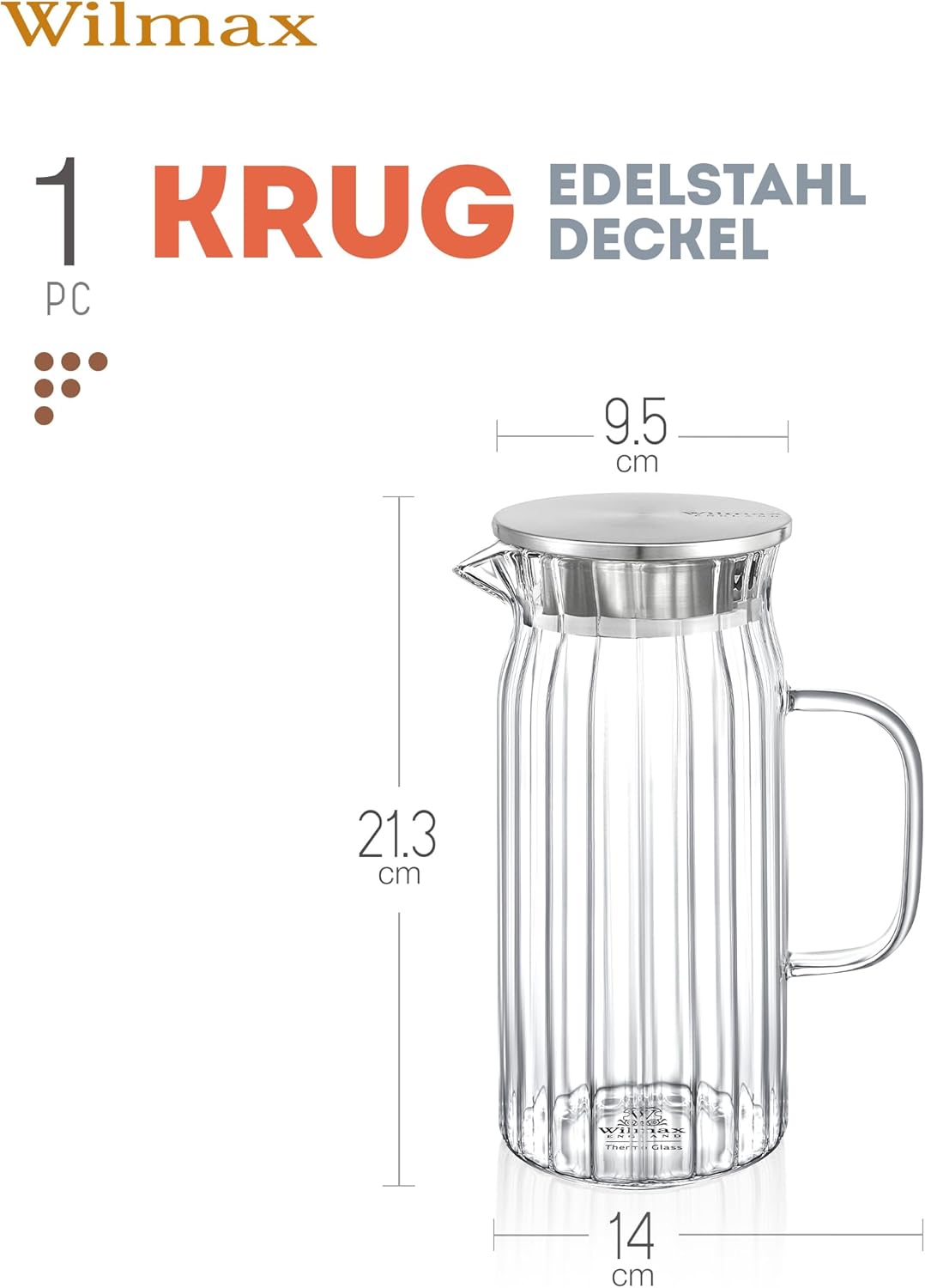 Wilmax Krug 1000 ml mit Edelstahldeckel Transparent aus Thermoglas